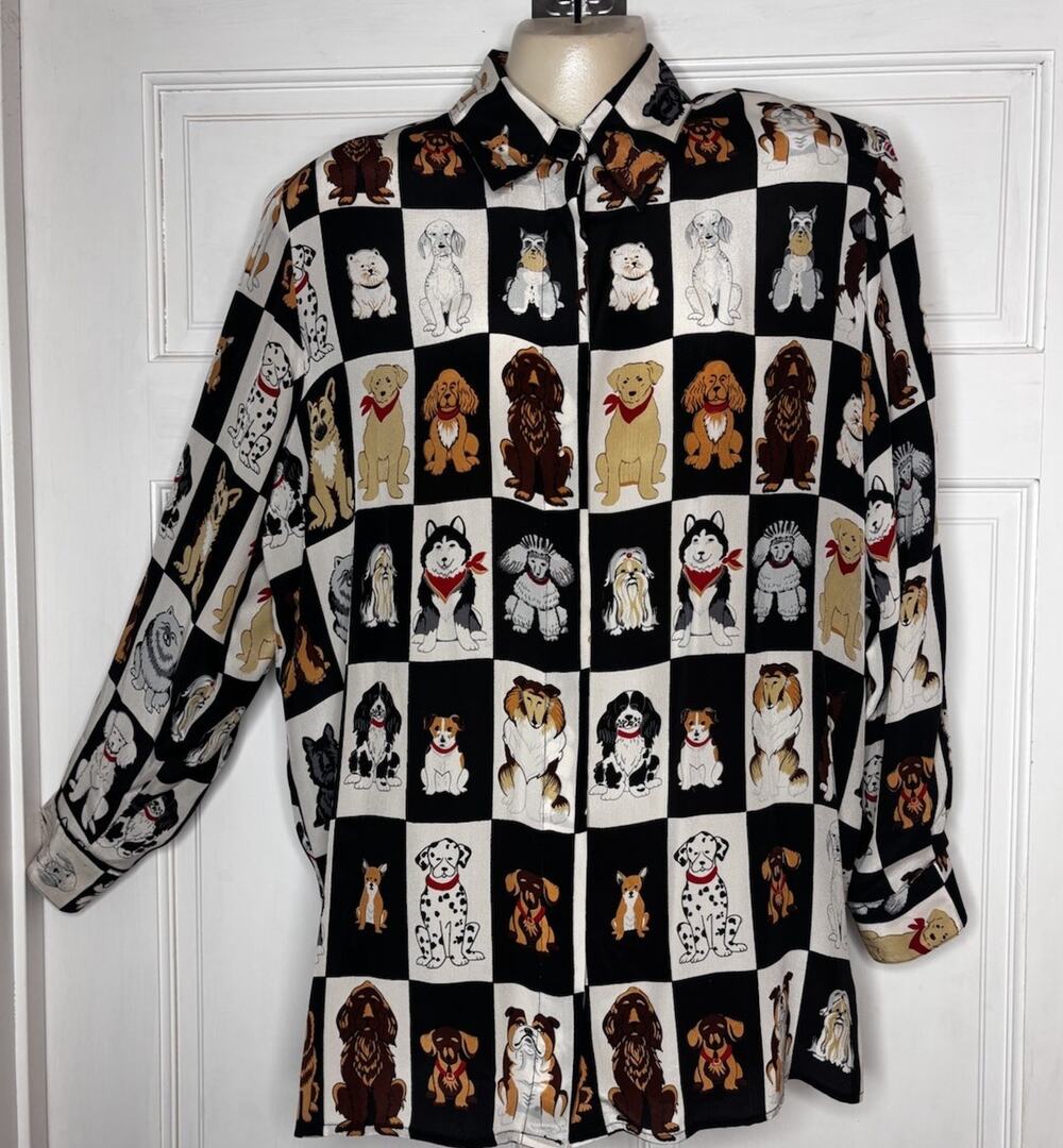 Vintage Piano Womens Shirt Collared Long Sleeve Dogs Multicolor Silk Size XL